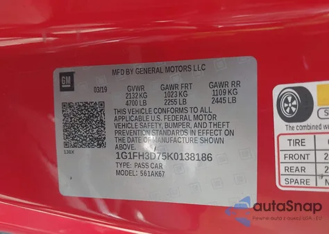 2019 Chevrolet Camaro 2Ss z USA, uszkodzony, nr VIN 1G1FH3D75K0138186